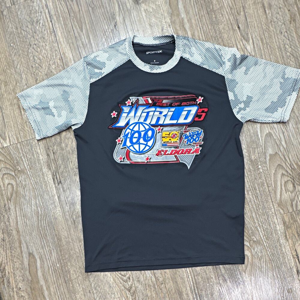 Sport-Tek World 100 Eldora Dirt Track Racing Graphic T-Shirt Size S Black/Gray